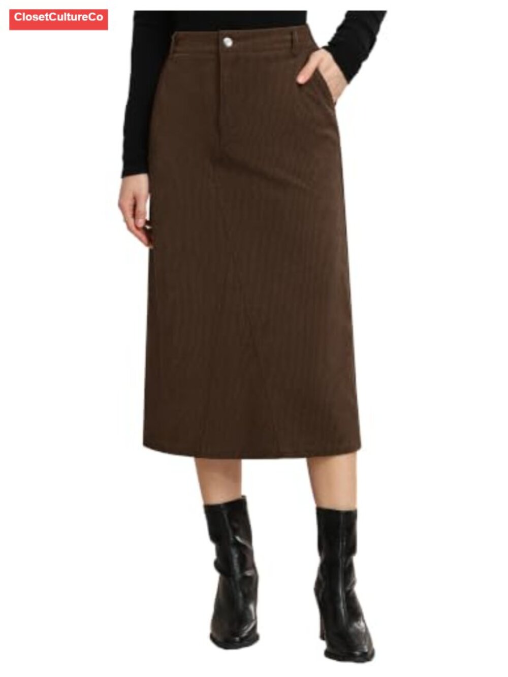 Corduroy Midi Skirt High Waist Slit Pockets Fall Casual